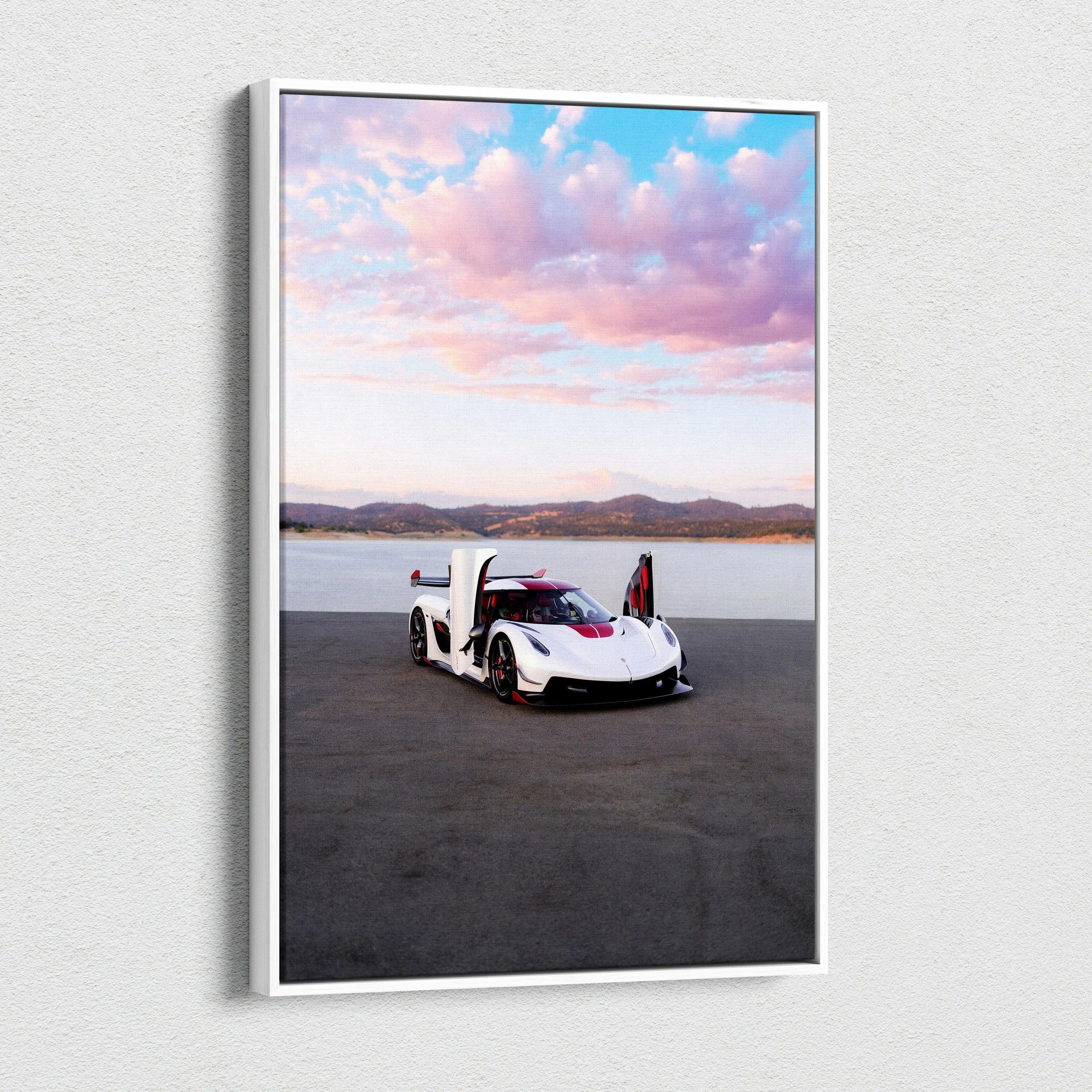 Koenigsegg Jesko sports car with open doors against pink and blue sky vertical canvas wall art.