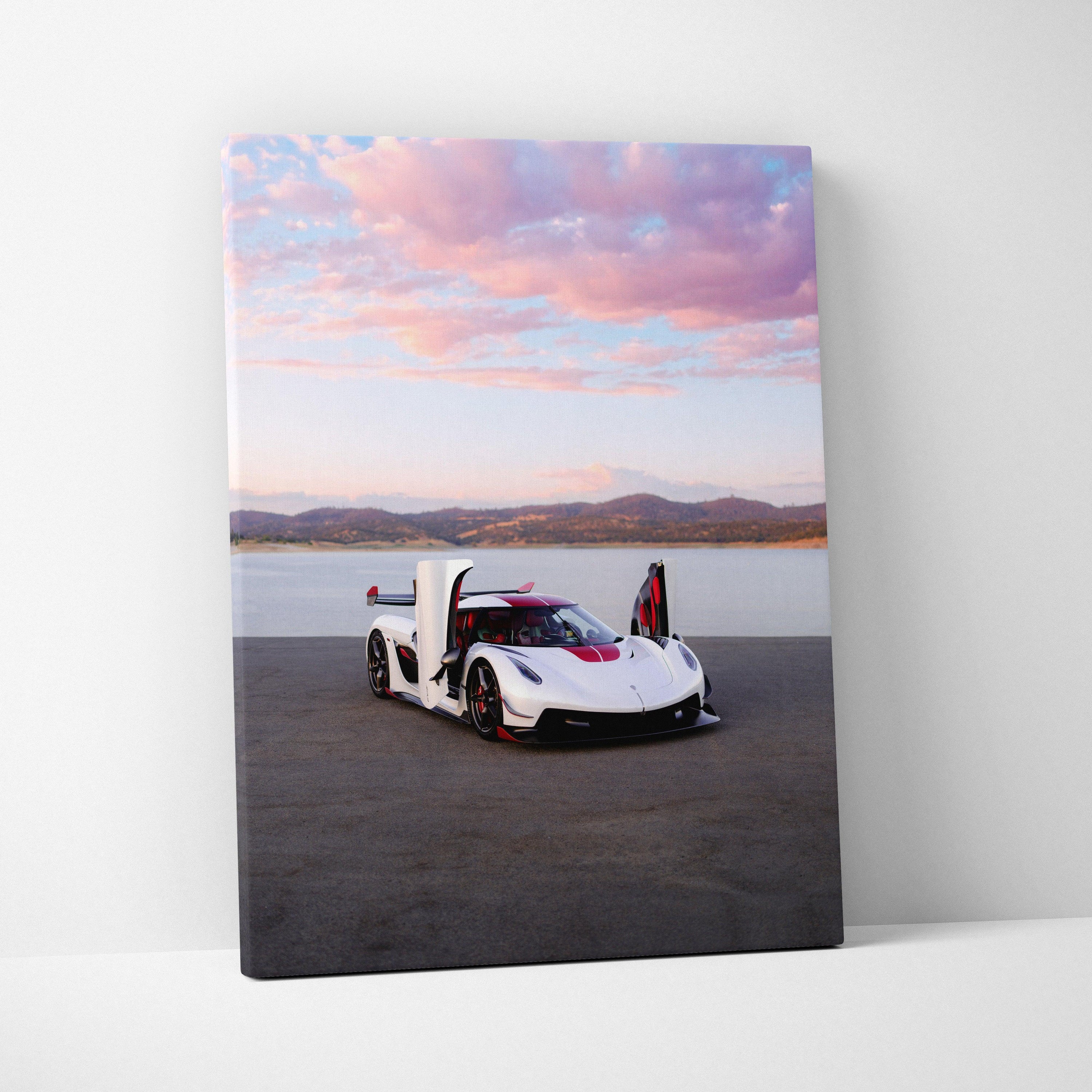 Koenigsegg Jesko white hypercar with open doors against sunset sky canvas wall art.