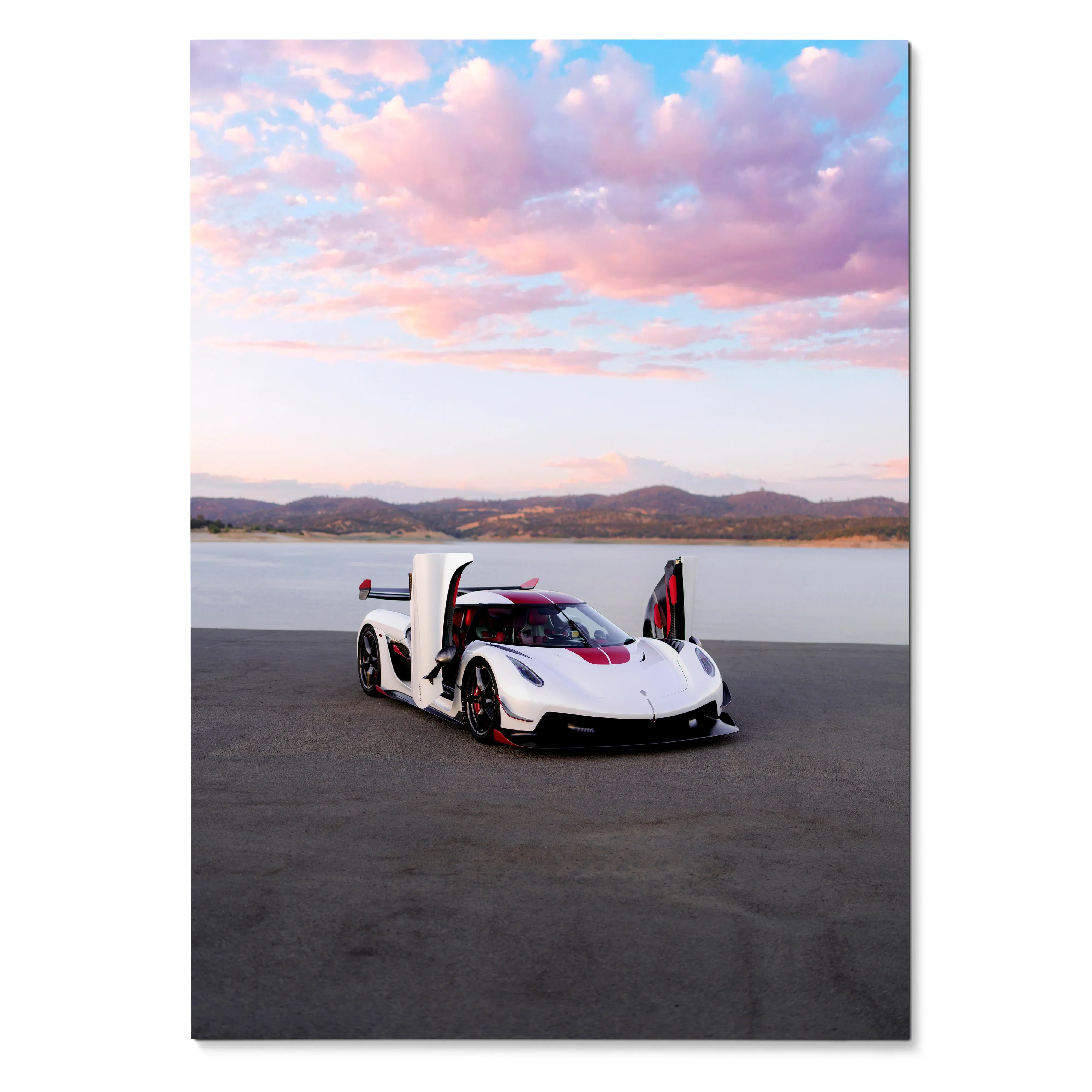 Koenigsegg Jesko sports car with open dihedral doors on open road under pink and blue sky poster wall art.