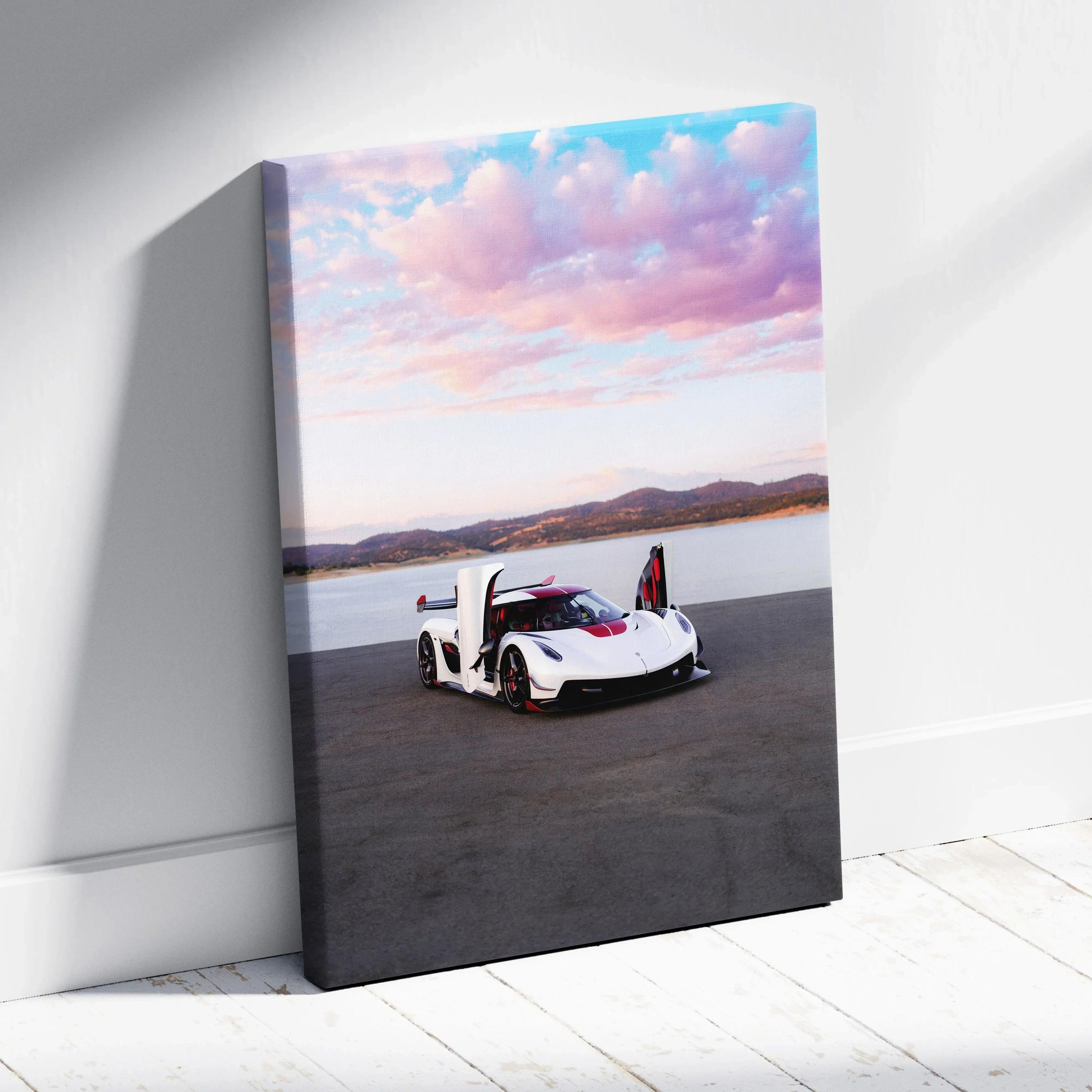 Koenigsegg Jesko white sports car with doors up against scenic sunset sky canvas wall art.