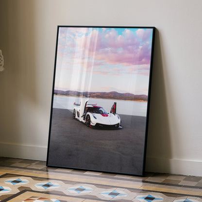 Koenigsegg Jesko poster wall art featuring white sports car with open dihedral doors against pink sky and desert background.
