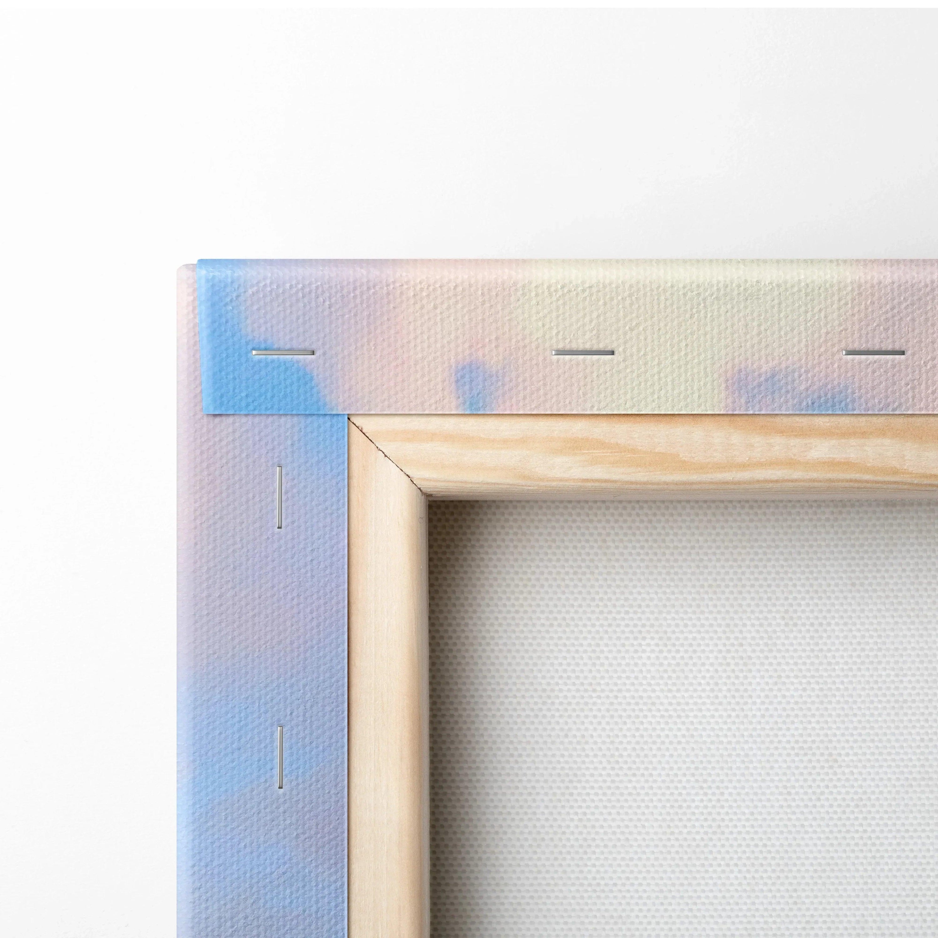 Corner detail of Koenigsegg Jesko vertical canvas art with natural wood frame and pastel blue-purple wall art colors.