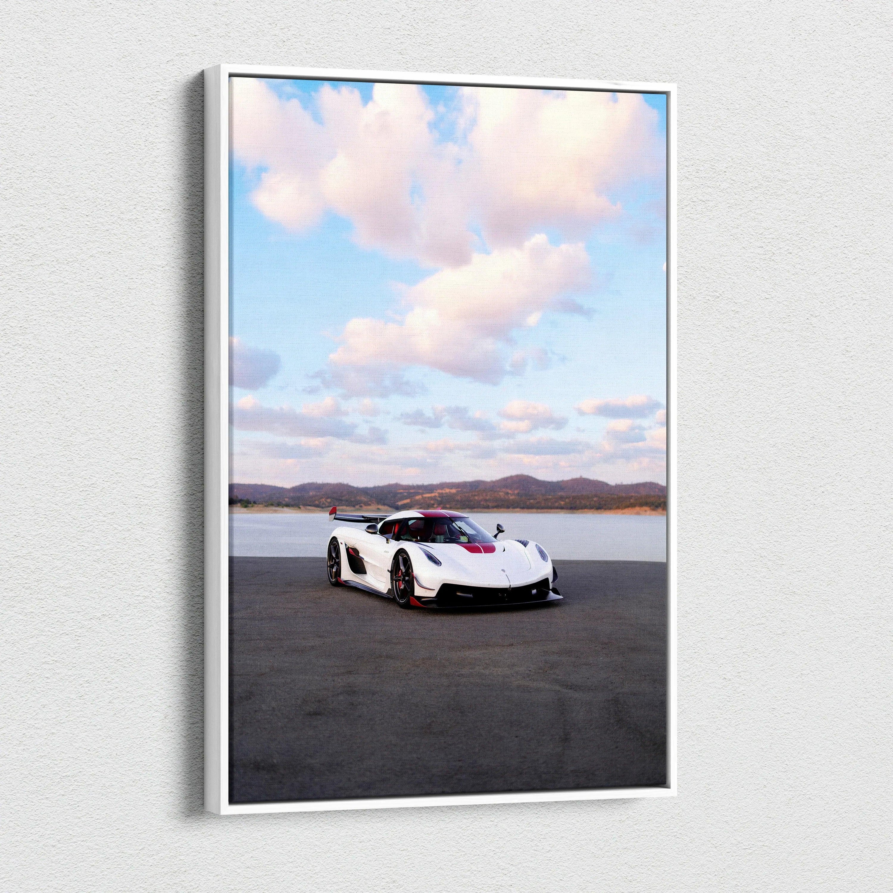 Koenigsegg Jesko sports car on asphalt under cloudy sky vertical canvas wall art.