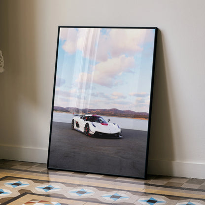 Koenigsegg Jesko supercar poster with sleek white design and open road background wall art.