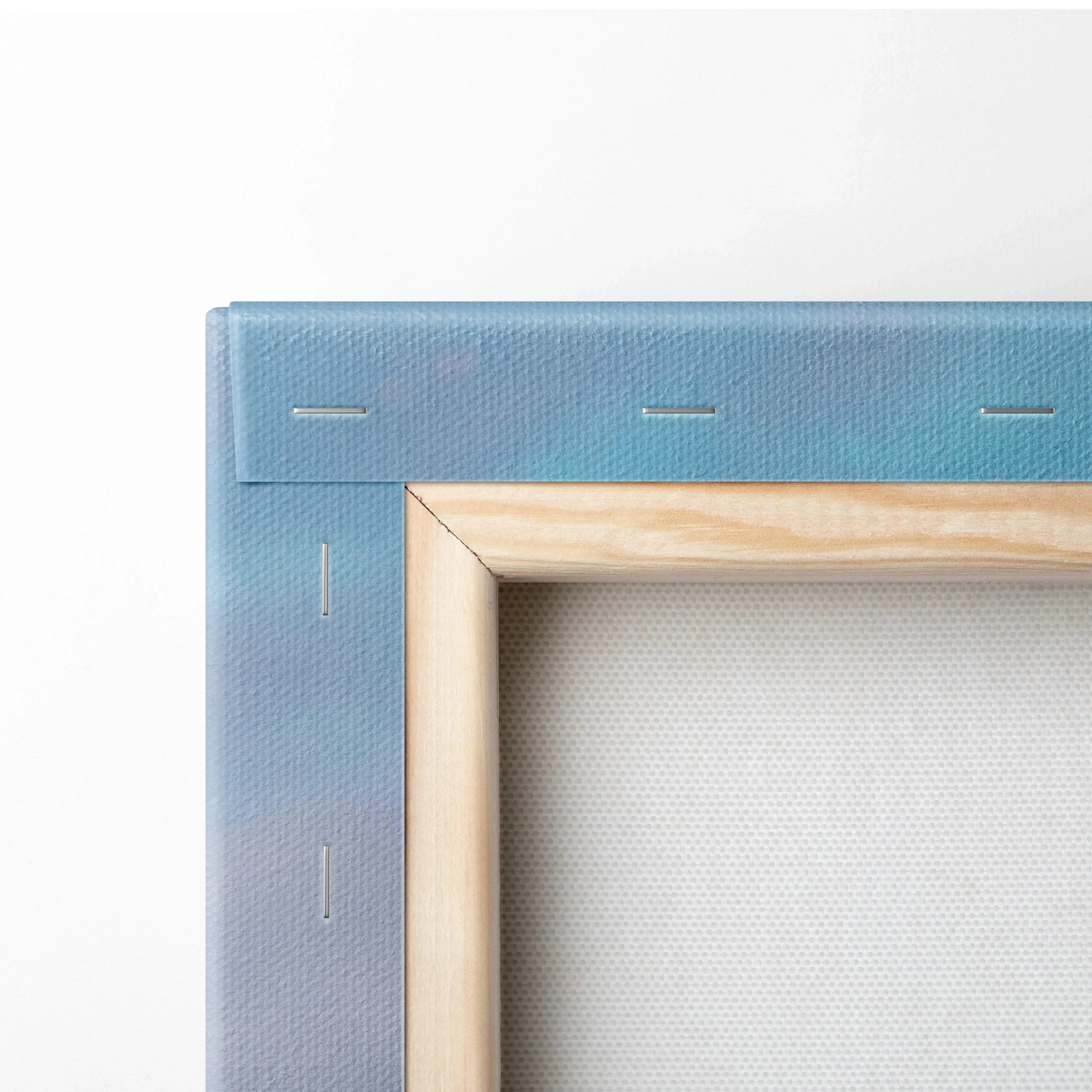 Close-up of wooden stretcher frame and canvas fabric texture on vertical wall art canvas print.