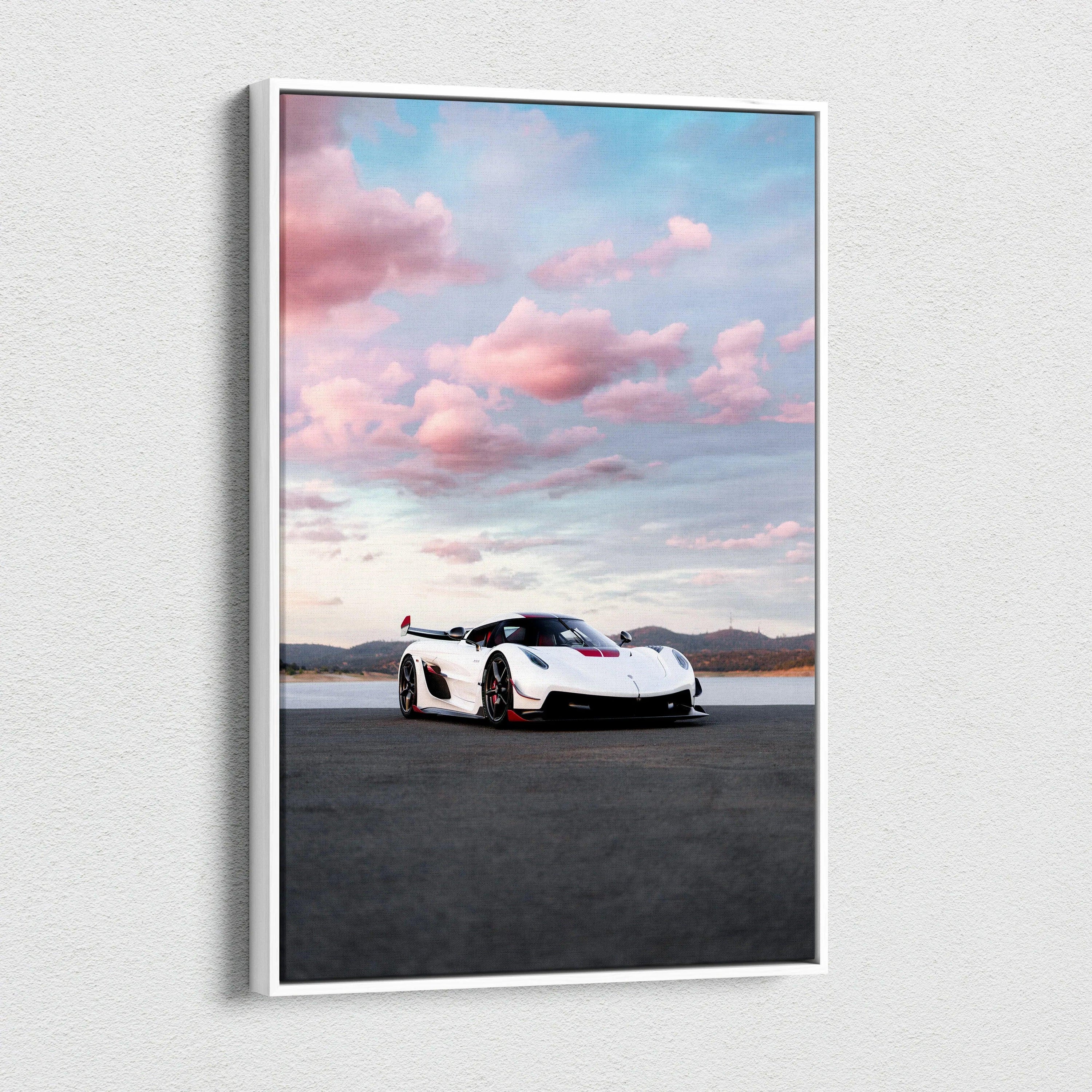 Koenigsegg Jesko sports car on asphalt under pink cloudy sky vertical canvas wall art.