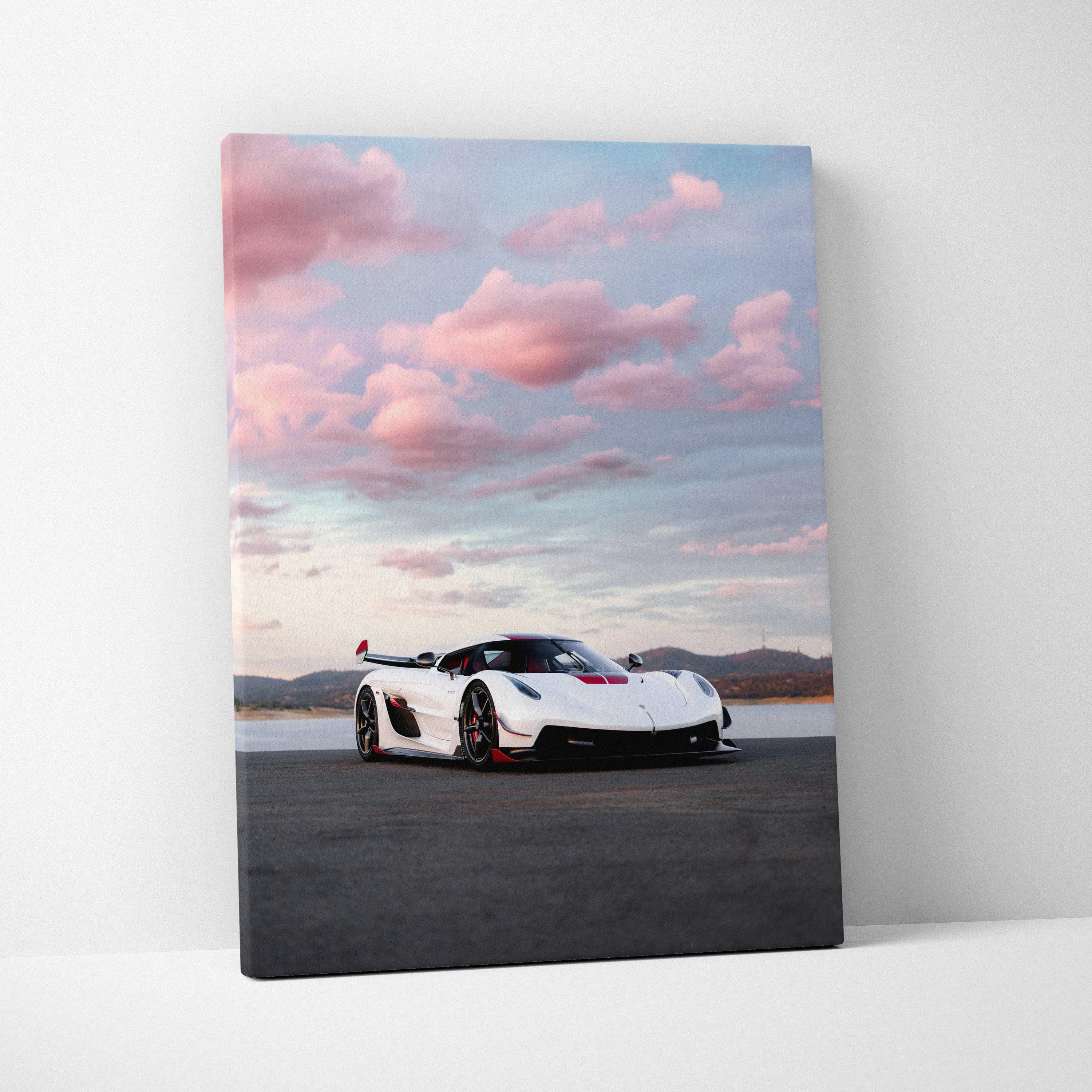 Koenigsegg Jesko white hypercar on asphalt under pink cloud sky canvas wall art.