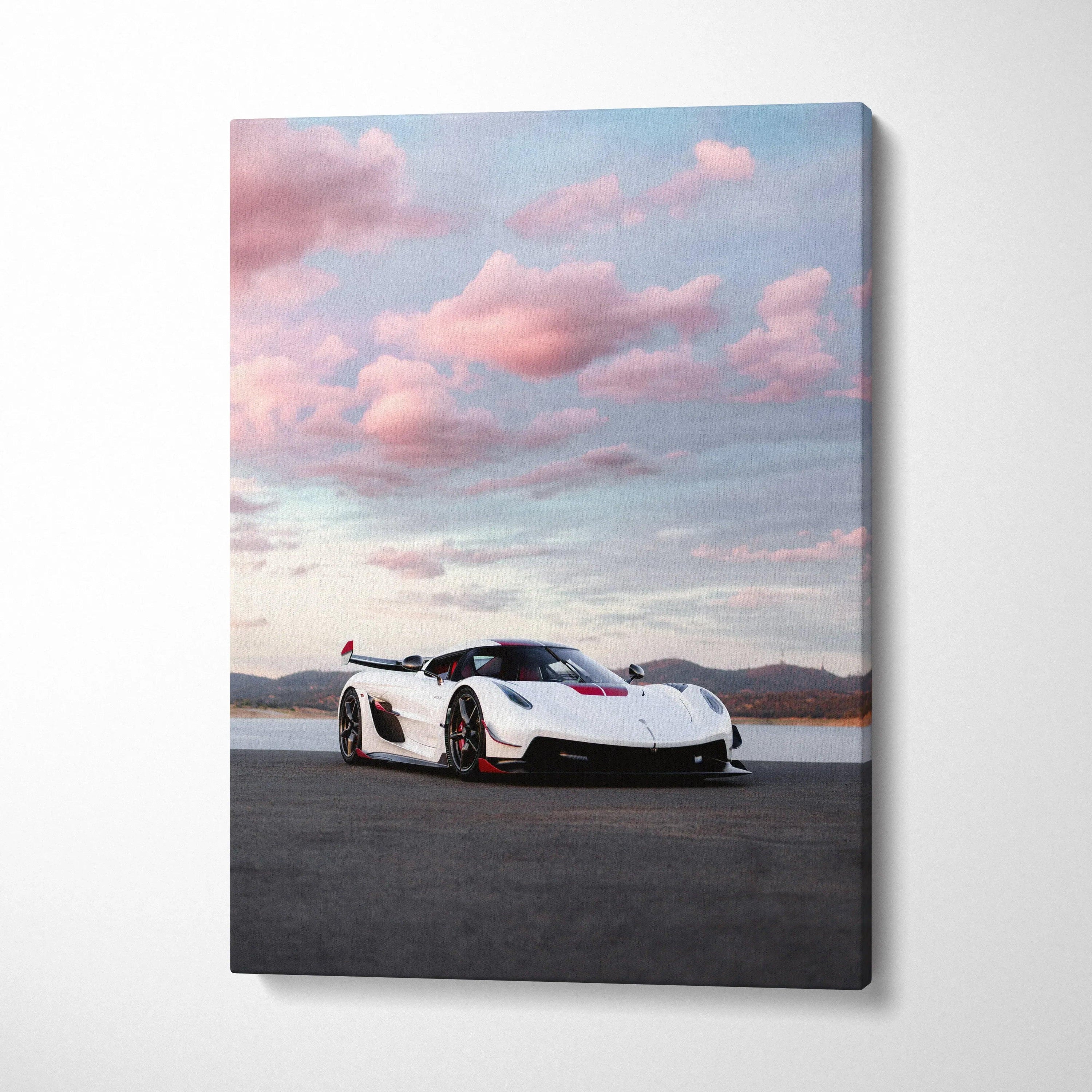 Koenigsegg Jesko white sports car against pink sky on vertical canvas wall art.