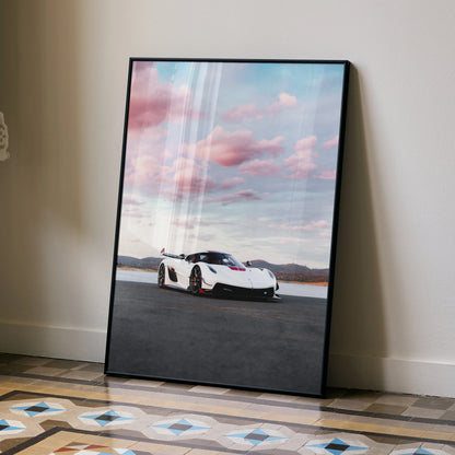 Koenigsegg Jesko supercar poster with sunset sky, modern wall art in black frame.