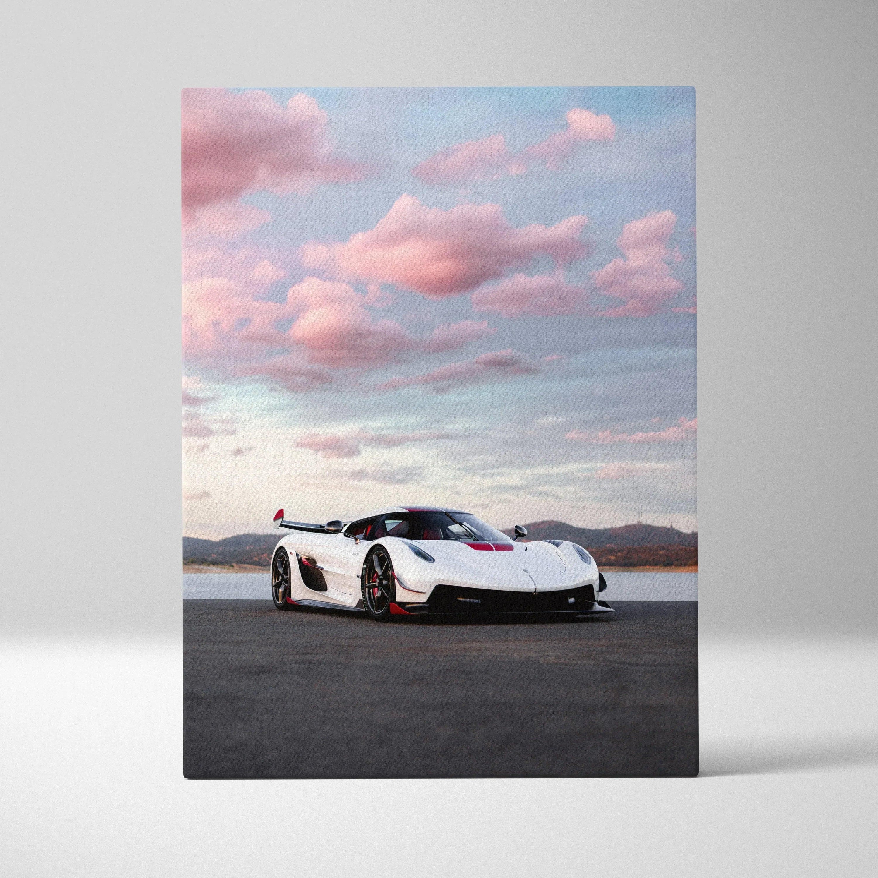 Koenigsegg Jesko sports car under pink cloudy sky vertical canvas wall art print.