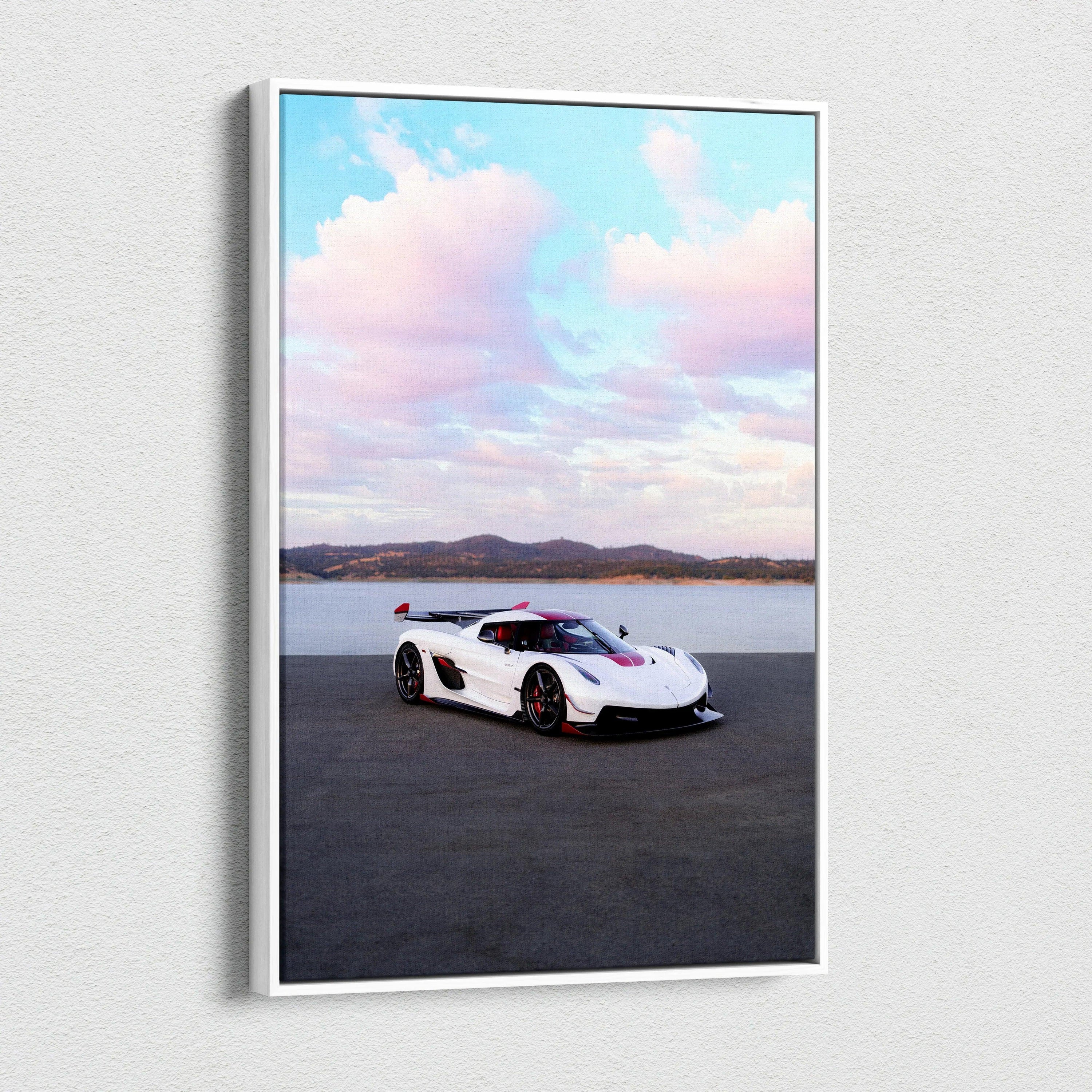 Koenigsegg Jesko white hypercar on asphalt with pink clouds sky vertical canvas wall art.
