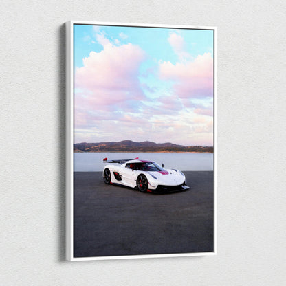 Koenigsegg Jesko white hypercar on asphalt with pink clouds sky vertical canvas wall art.