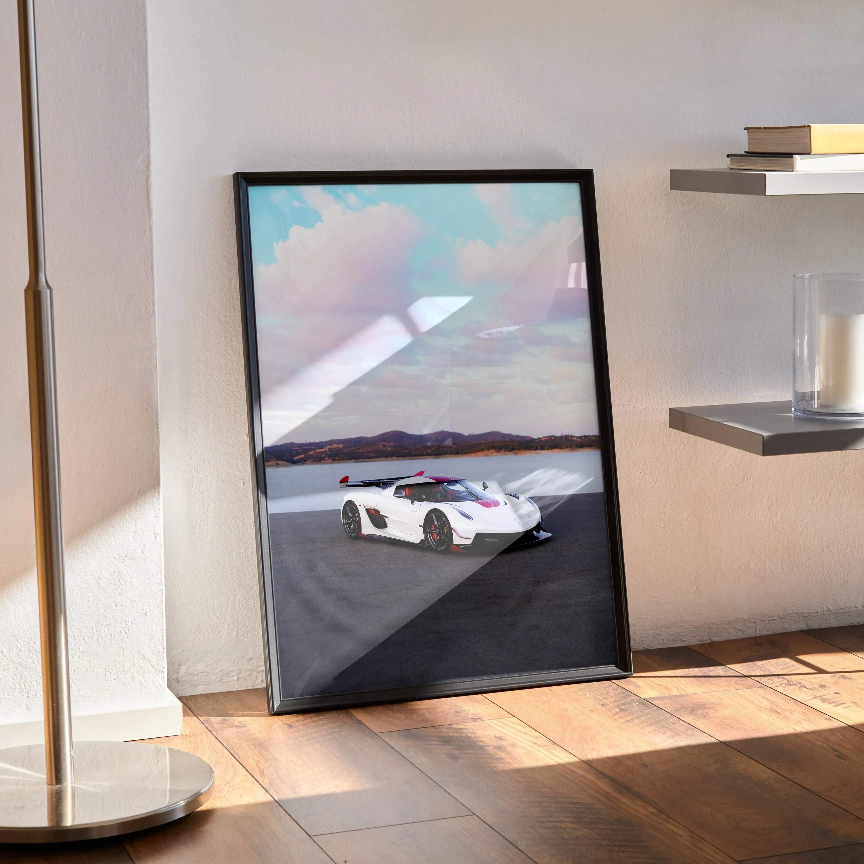 Koenigsegg Jesko white hypercar poster in black frame leaning against wall, modern wall art.