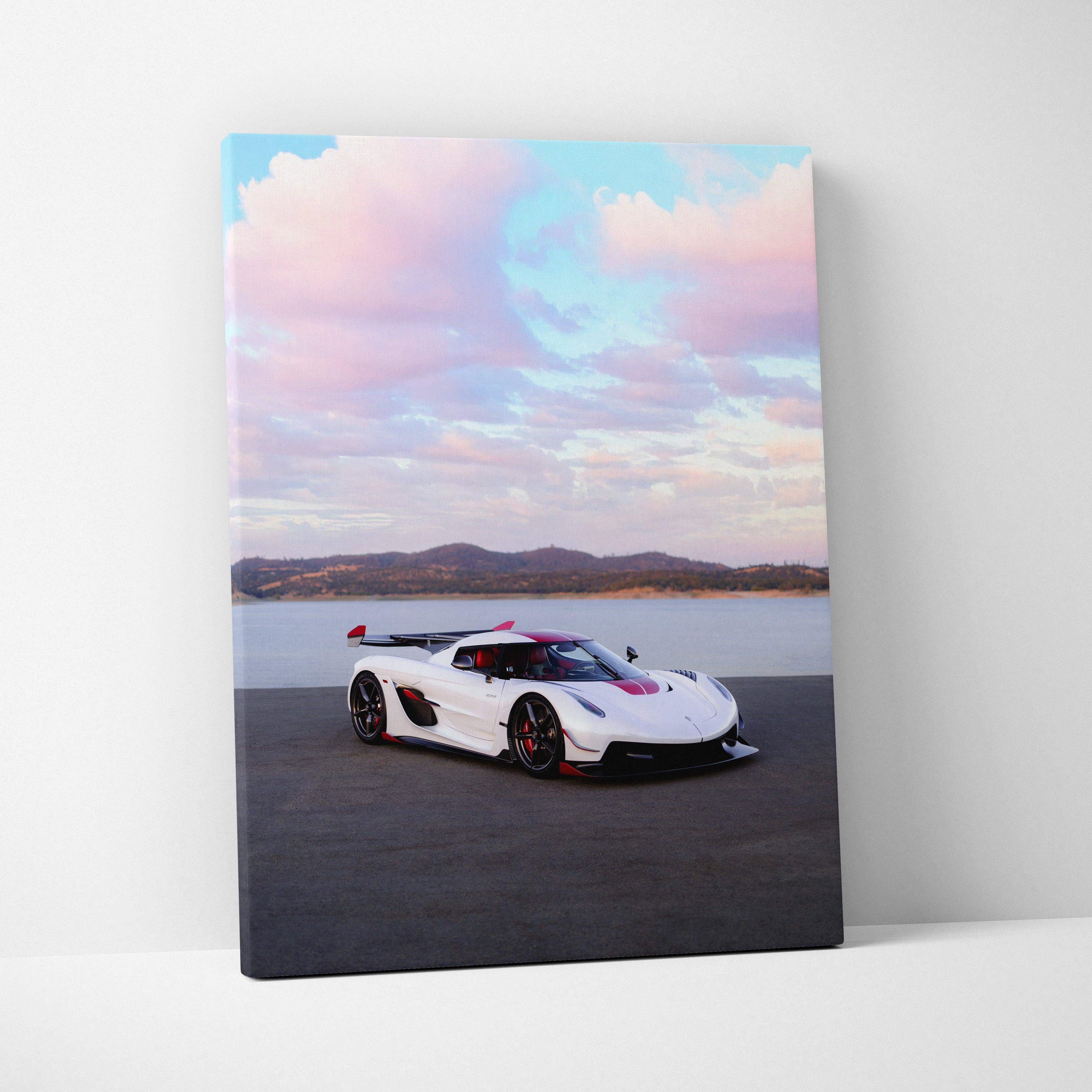 White and red Koenigsegg Jesko hypercar canvas wall art high resolution vertical print with sunset sky background