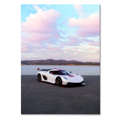 Koenigsegg Jesko white sports car on desert road with pink clouds poster wall art.