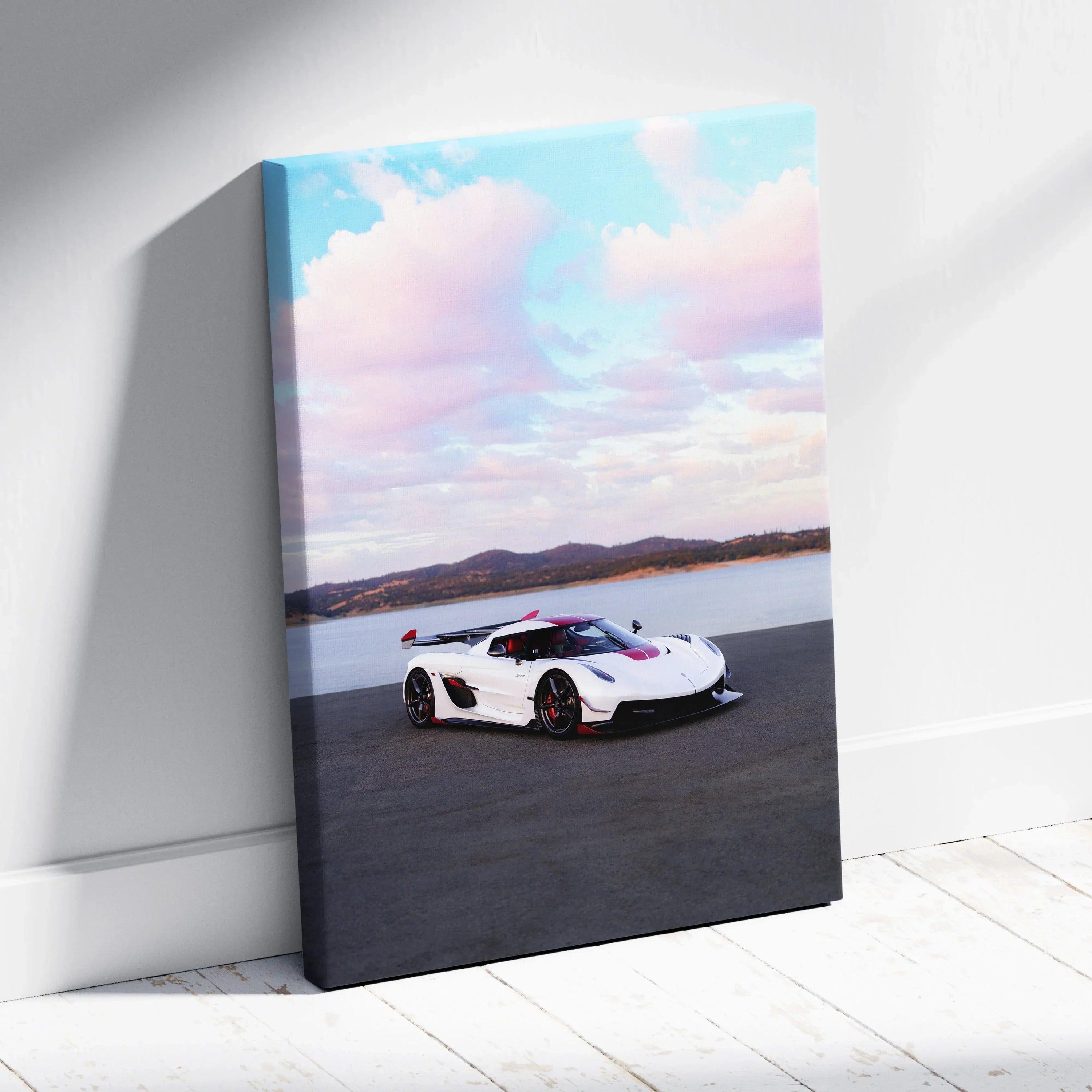Koenigsegg Jesko white car canvas art with blue sky and mountains vertical wall art.