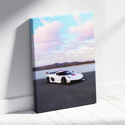 Koenigsegg Jesko white car canvas art with blue sky and mountains vertical wall art.