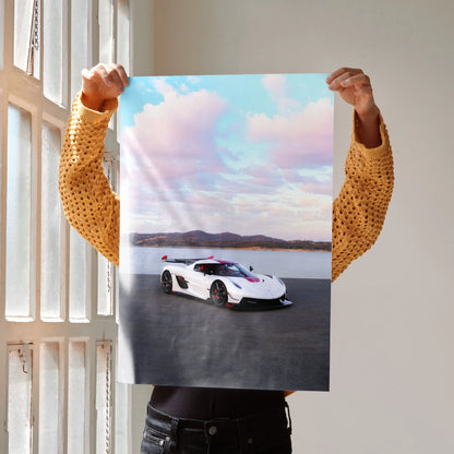 Koenigsegg Jesko white supercar on road with pink clouds poster wall art.
