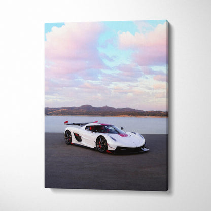 Koenigsegg Jesko white supercar on asphalt with sunset sky canvas wall art.