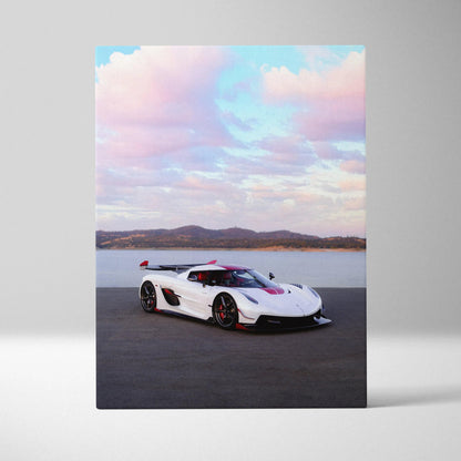 Koenigsegg Jesko supercar on asphalt with scenic sky canvas wall art.