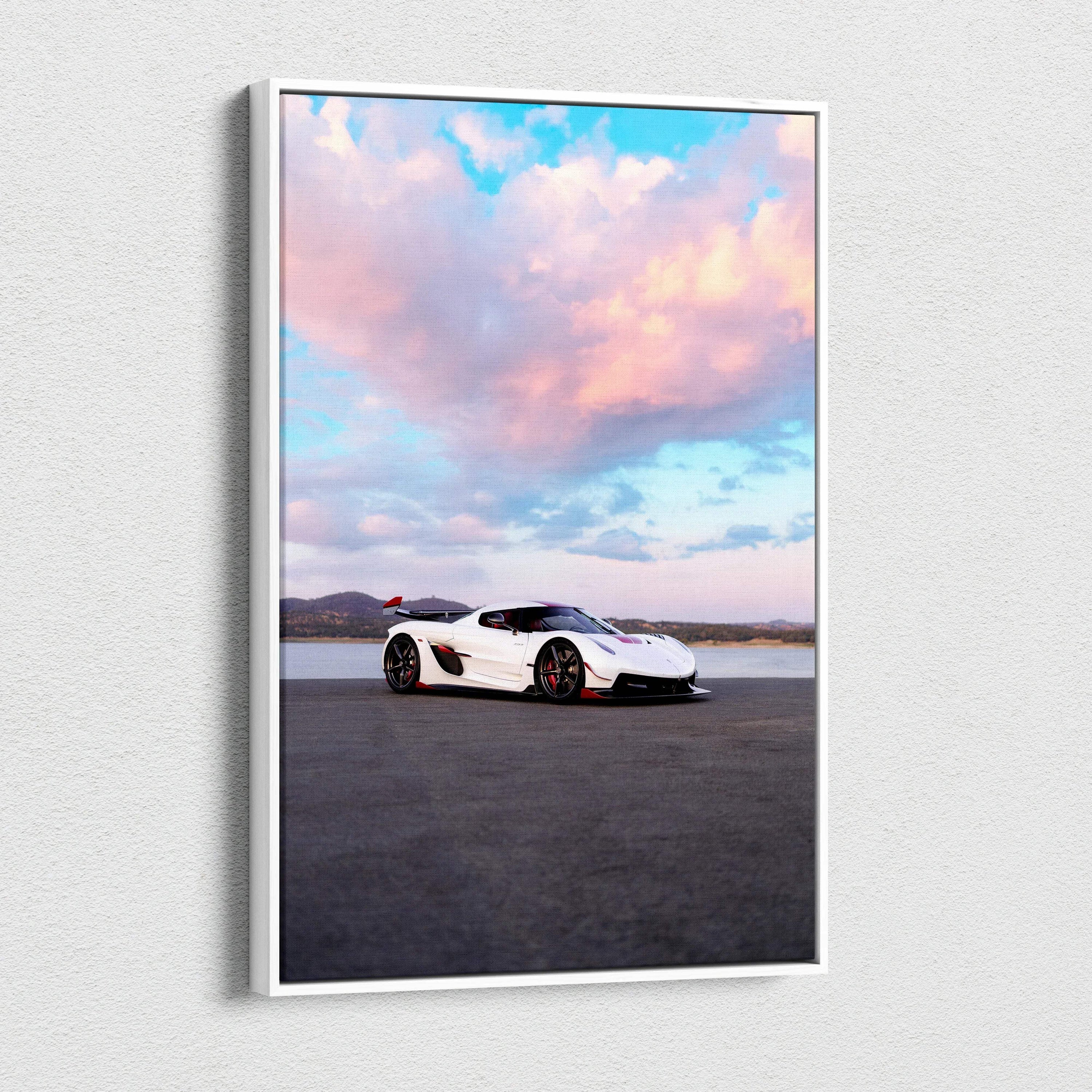 Koenigsegg Jesko white sports car on asphalt under pastel sunset sky vertical canvas wall art.