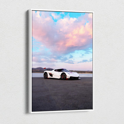 Koenigsegg Jesko white sports car on asphalt under pastel sunset sky vertical canvas wall art.