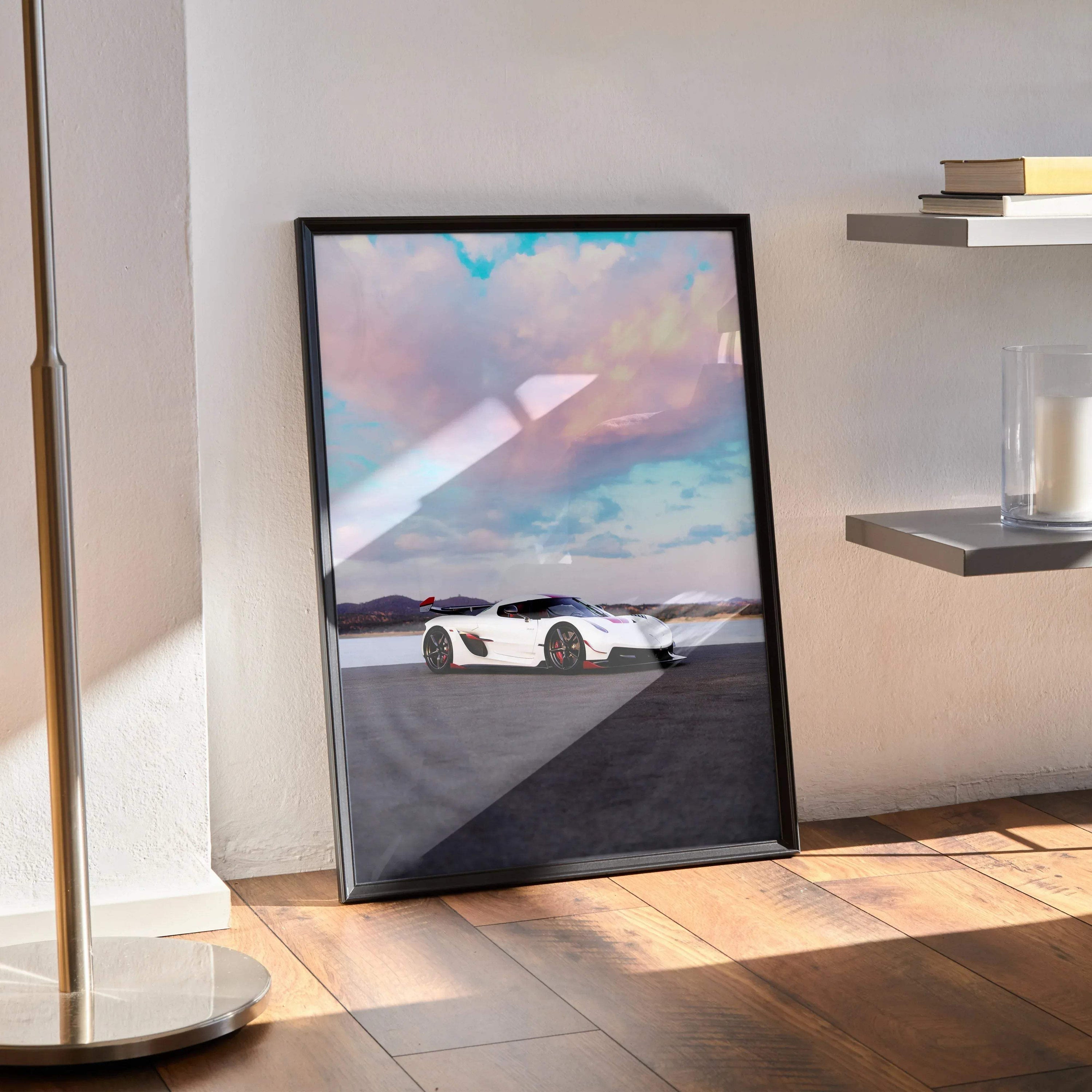 Koenigsegg Jesko car poster with white supercar under colorful sky, framed wall art.