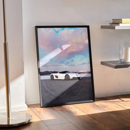Koenigsegg Jesko car poster with white supercar under colorful sky, framed wall art.