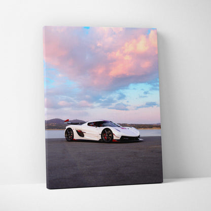 Koenigsegg Jesko white supercar on asphalt under colorful sunset sky vertical canvas wall art.
