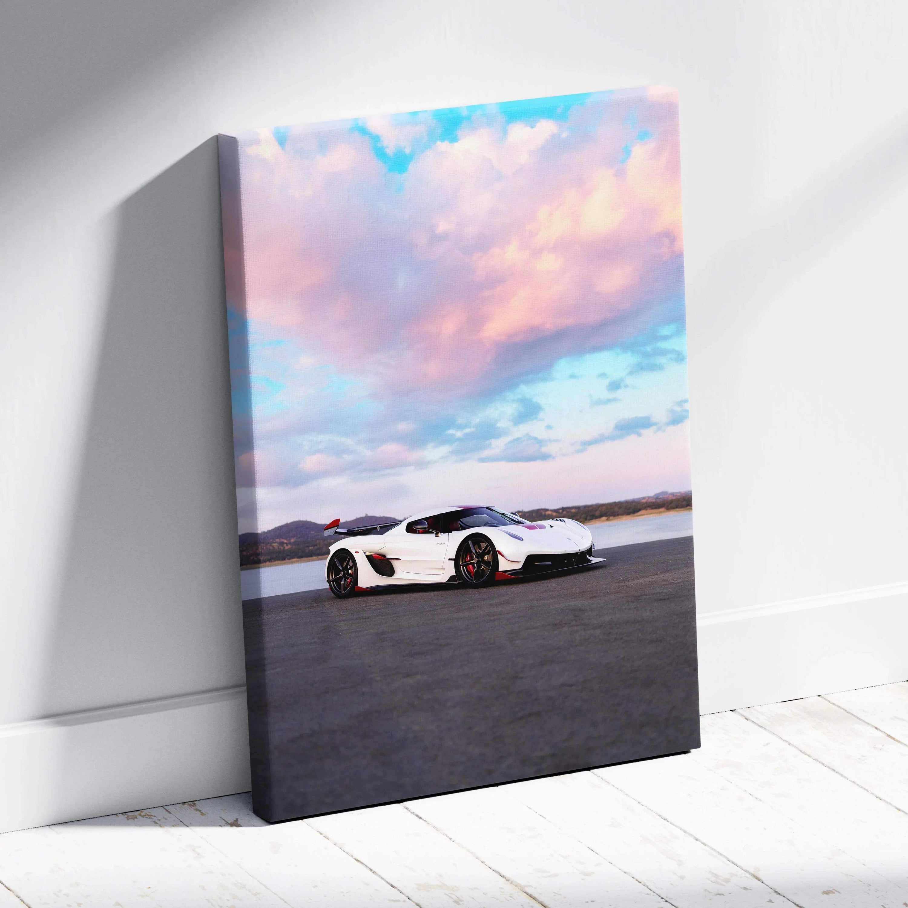 Koenigsegg Jesko sports car on asphalt under a vibrant sunset sky canvas wall art.
