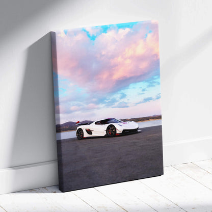 Koenigsegg Jesko sports car on asphalt under a vibrant sunset sky canvas wall art.