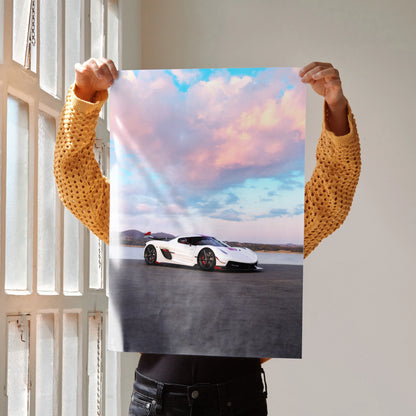 Koenigsegg Jesko supercar on open road with vibrant sunset sky poster wall art.