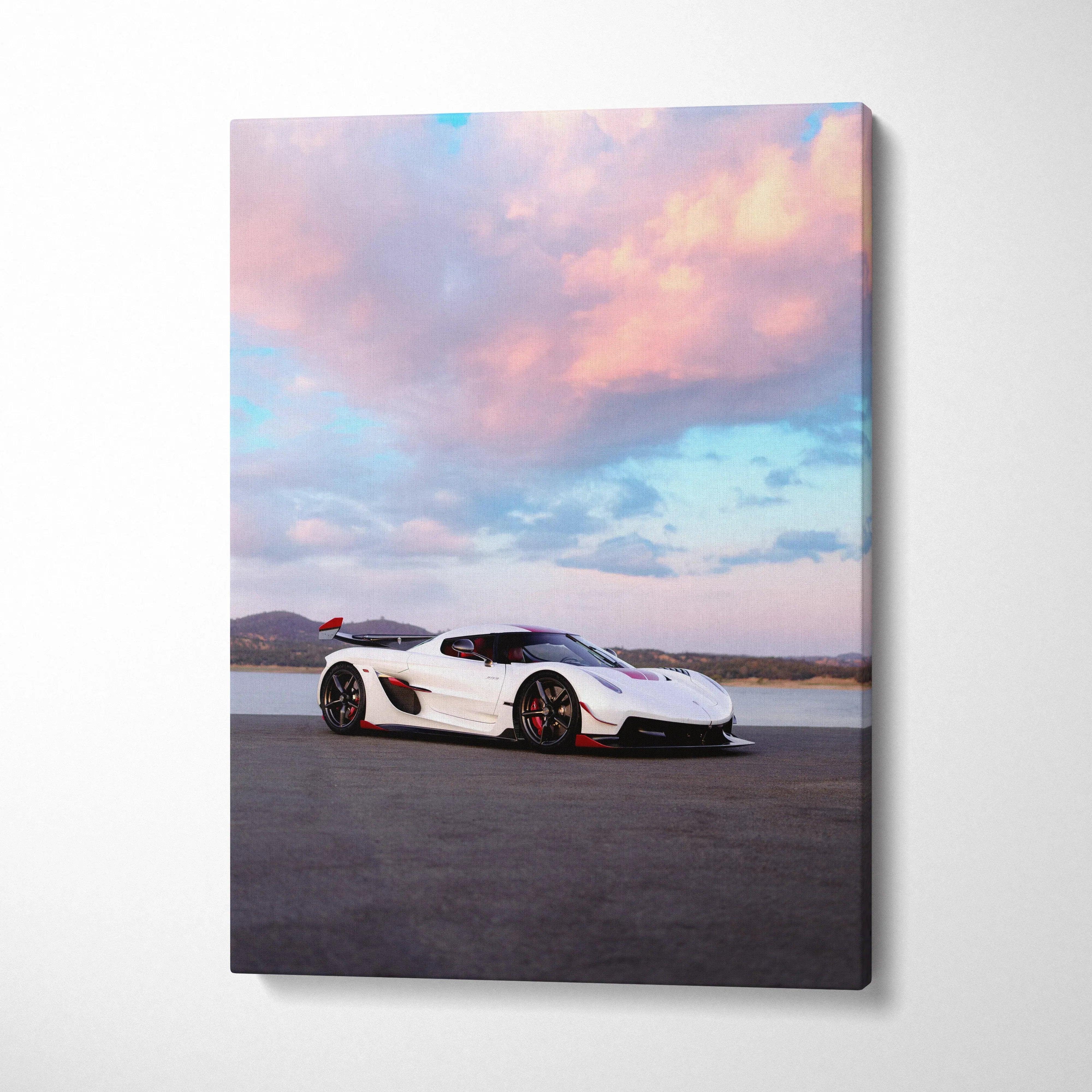 Koenigsegg Jesko white sports car under pink and blue sky canvas wall art.