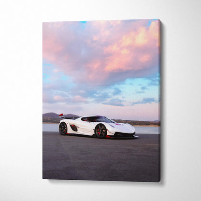 Koenigsegg Jesko white sports car under pink and blue sky canvas wall art.