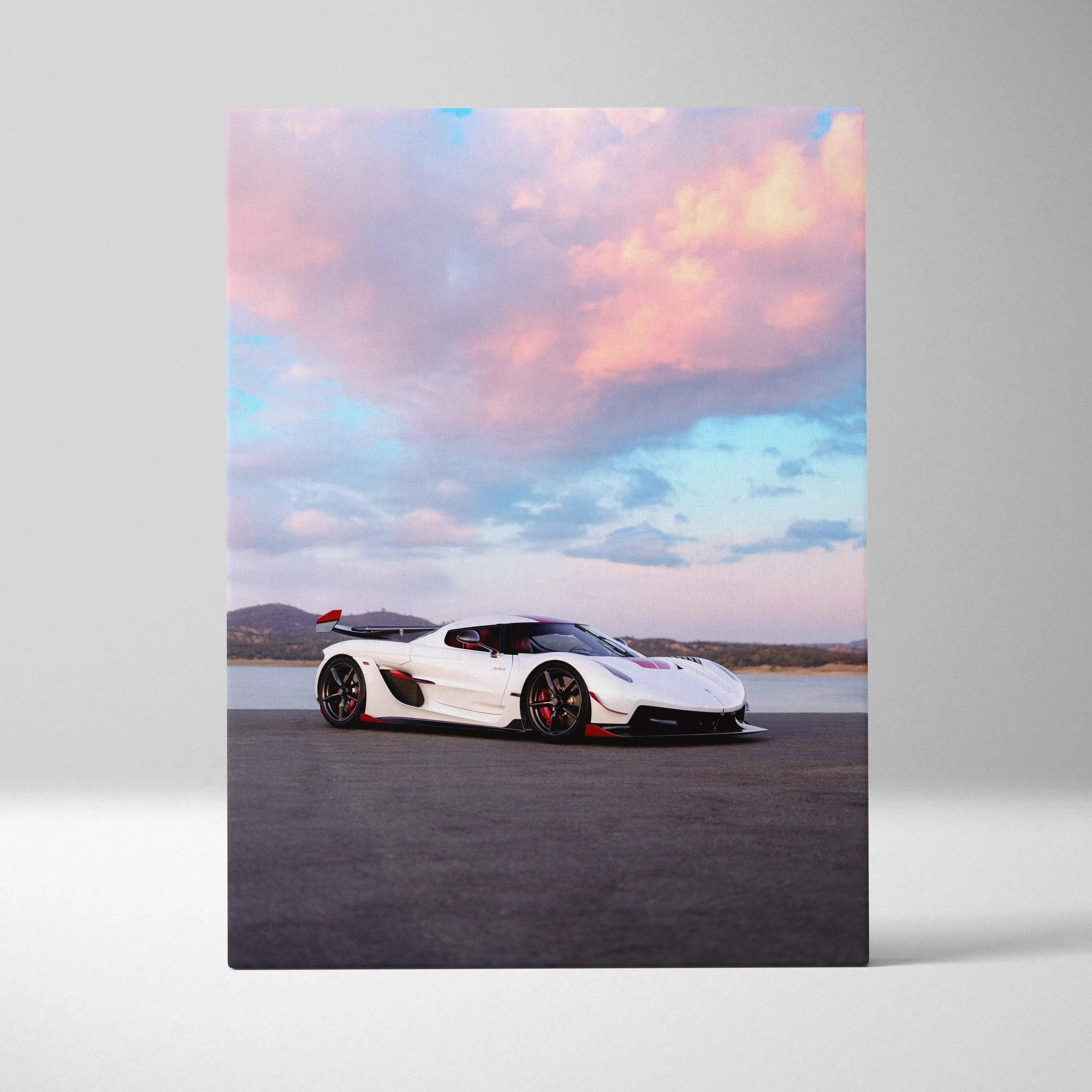 Koenigsegg Jesko white sports car against pink and blue sky on vertical canvas wall art.