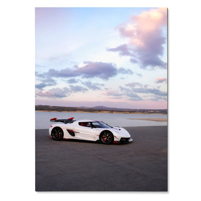 Koenigsegg Jesko poster featuring white supercar on open road under colorful sky wall art.