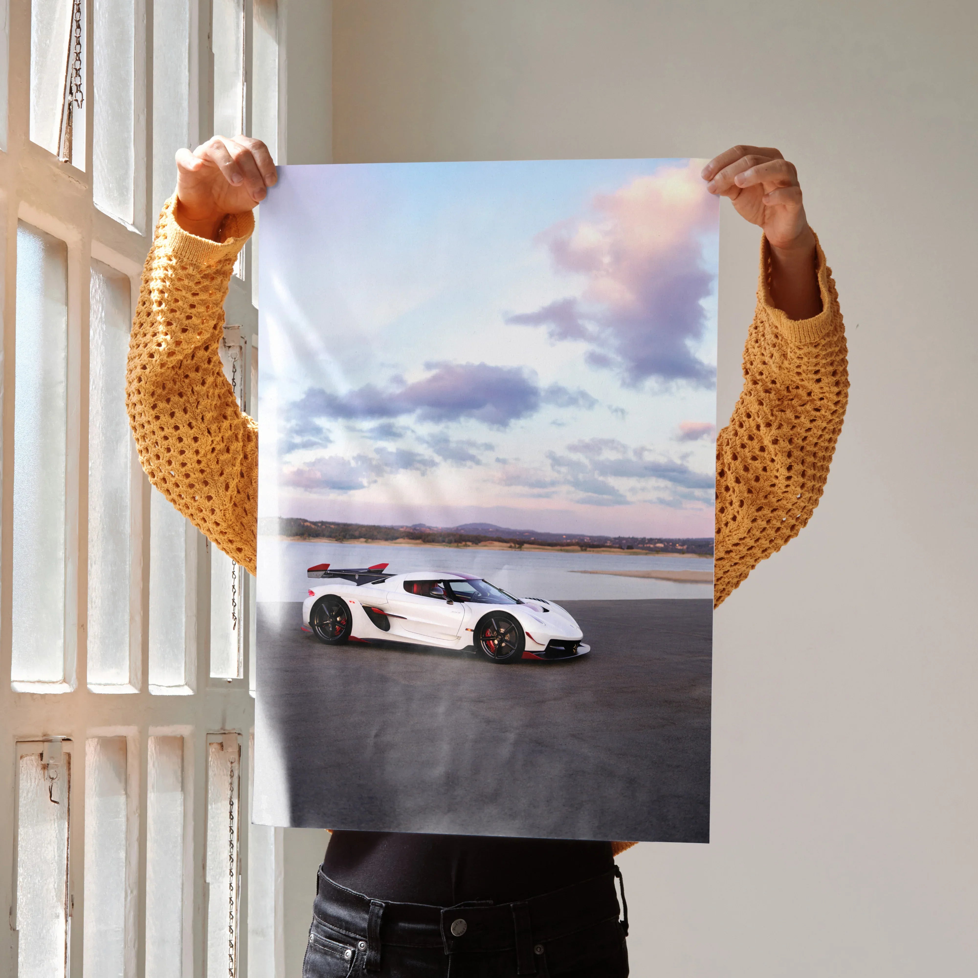 Koenigsegg Jesko white sports car poster with scenic sunset sky, wall art design.