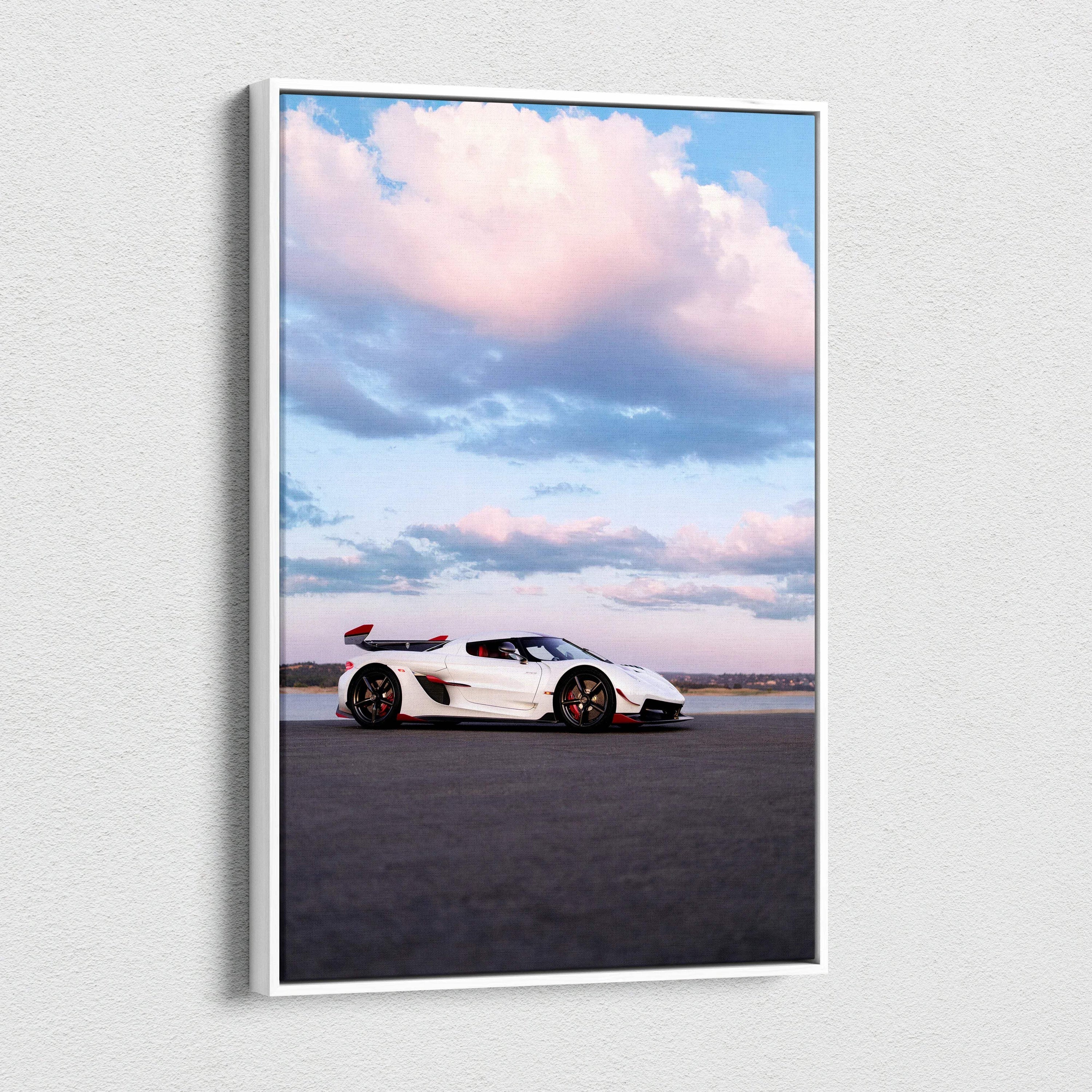 Koenigsegg Jesko white sports car under pink and blue sky canvas wall art.
