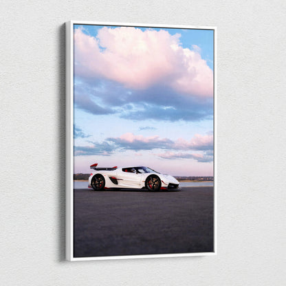 Koenigsegg Jesko white sports car under pink and blue sky canvas wall art.