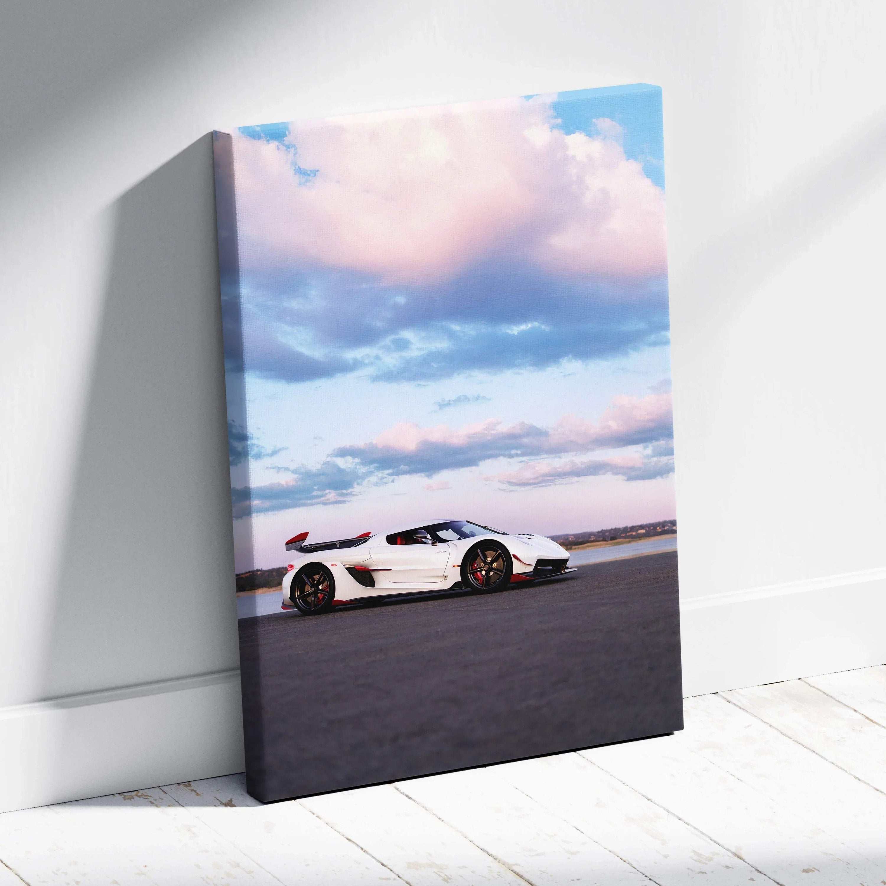 Koenigsegg Jesko white sports car on road under pink and blue sky canvas wall art.
