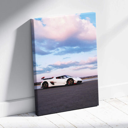 Koenigsegg Jesko white sports car on road under pink and blue sky canvas wall art.