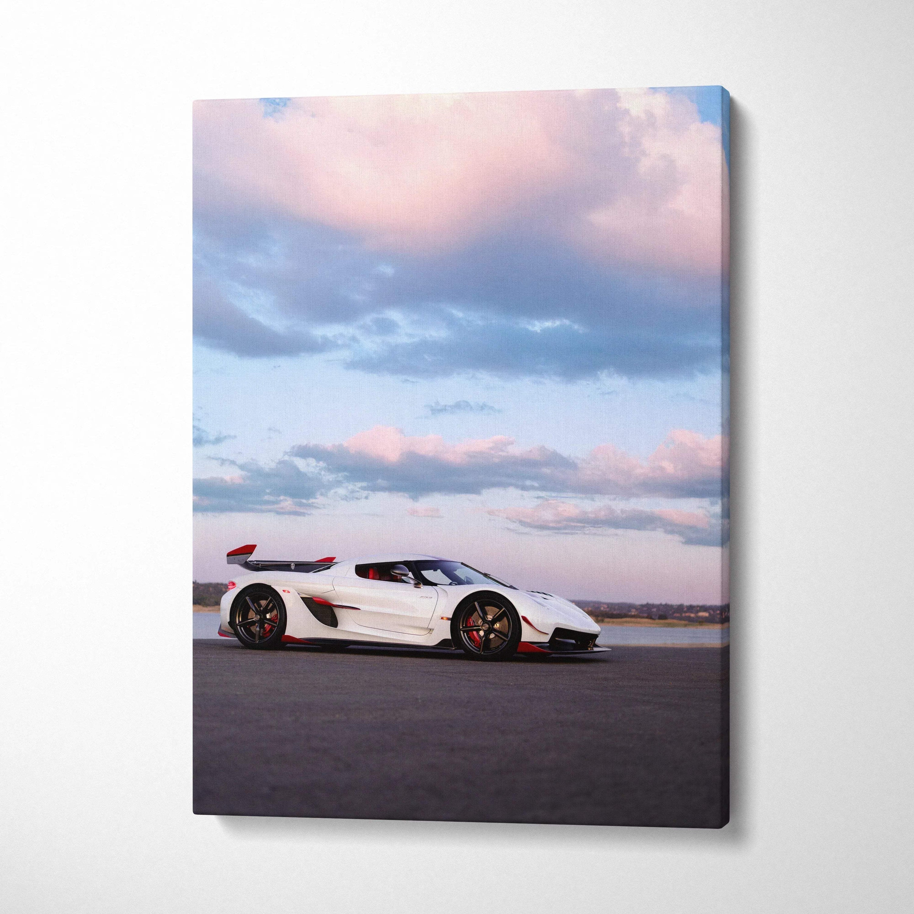 White Koenigsegg Jesko sports car under pink and blue sky on vertical canvas wall art.