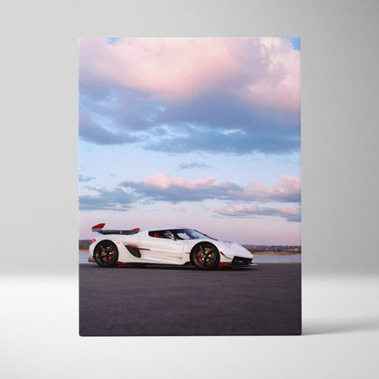 White Koenigsegg Jesko sports car on canvas wall art with blue sky and clouds background.