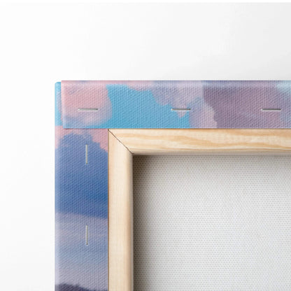 Canvas wall art close-up showing wooden stretcher bars and colorful abstract design edges.