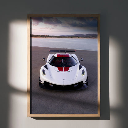 Koenigsegg Jesko sports car poster with white body and red stripe, sleek design wall art.