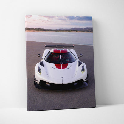 Koenigsegg Jesko white sports car with red stripe on vertical canvas wall art.