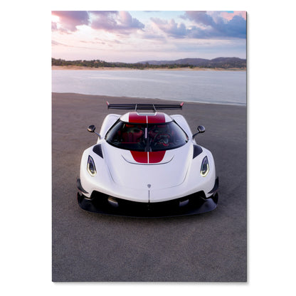 Koenigsegg Jesko white sports car with red stripe on coastal road poster wall art.