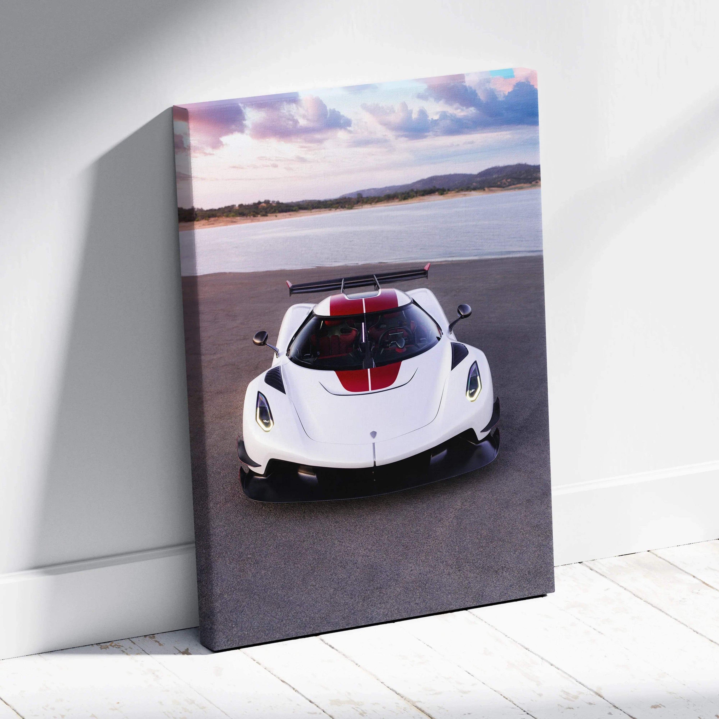 Vertical canvas art featuring a Koenigsegg Jesko sports car with red racing stripes by the water.