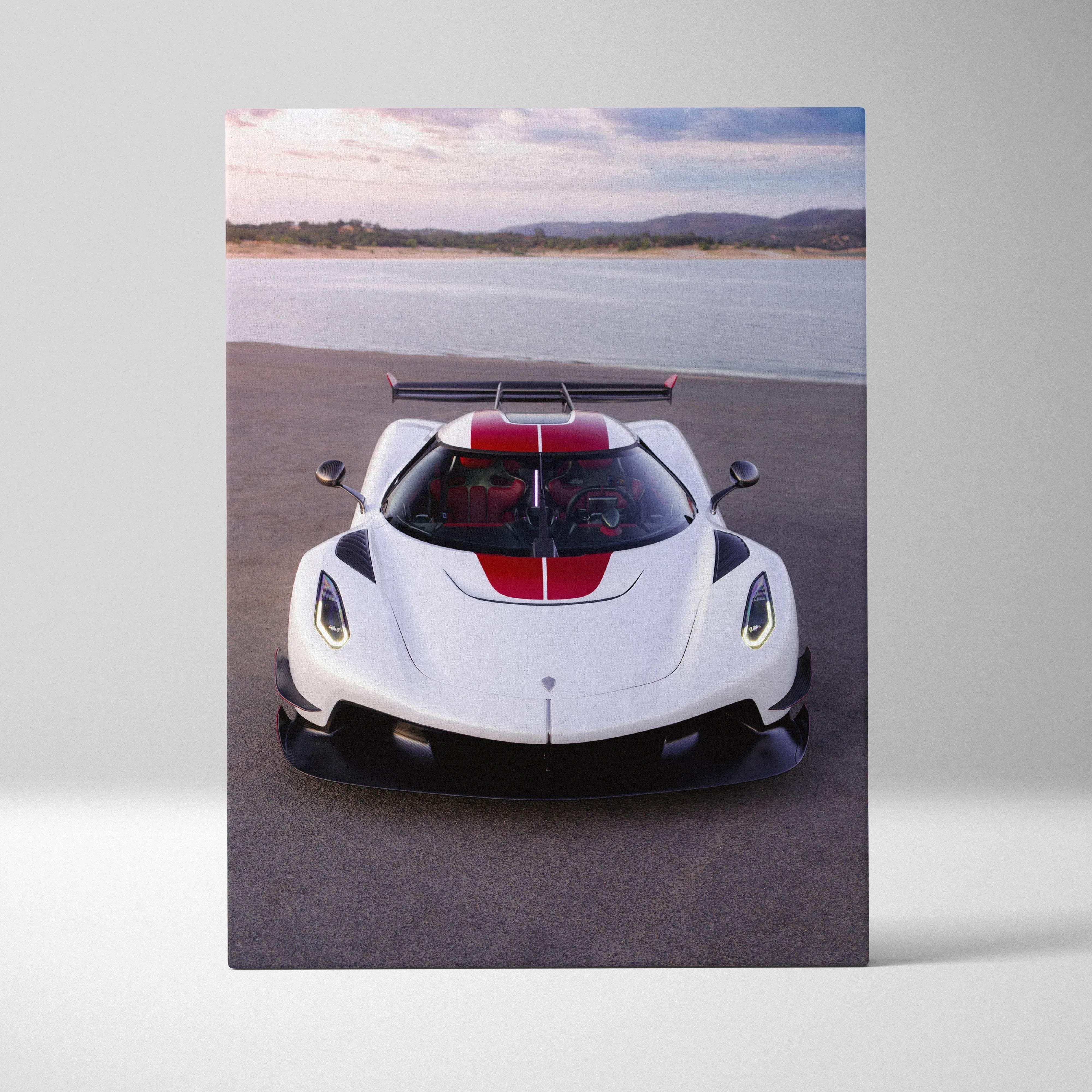 Canvas wall art featuring a hyperrealistic white and red koenigsegg jesko car with black accents and rear wing vertical print