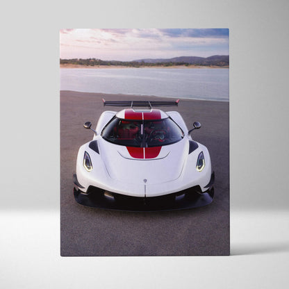 Koenigsegg Jesko white sports car with red stripe canvas wall art vertical print.